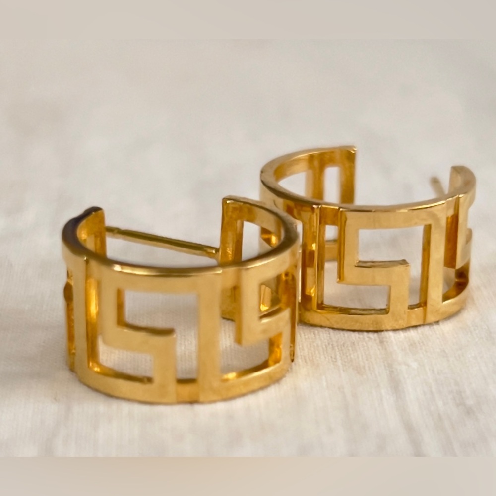 Mia Fiore 18kt Gold Plated Bronze Greek Key Hoop Earrings Italy NWT